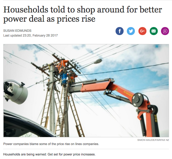 Stuff.co.nz article - Households told to shop around for better power deal as prices rise